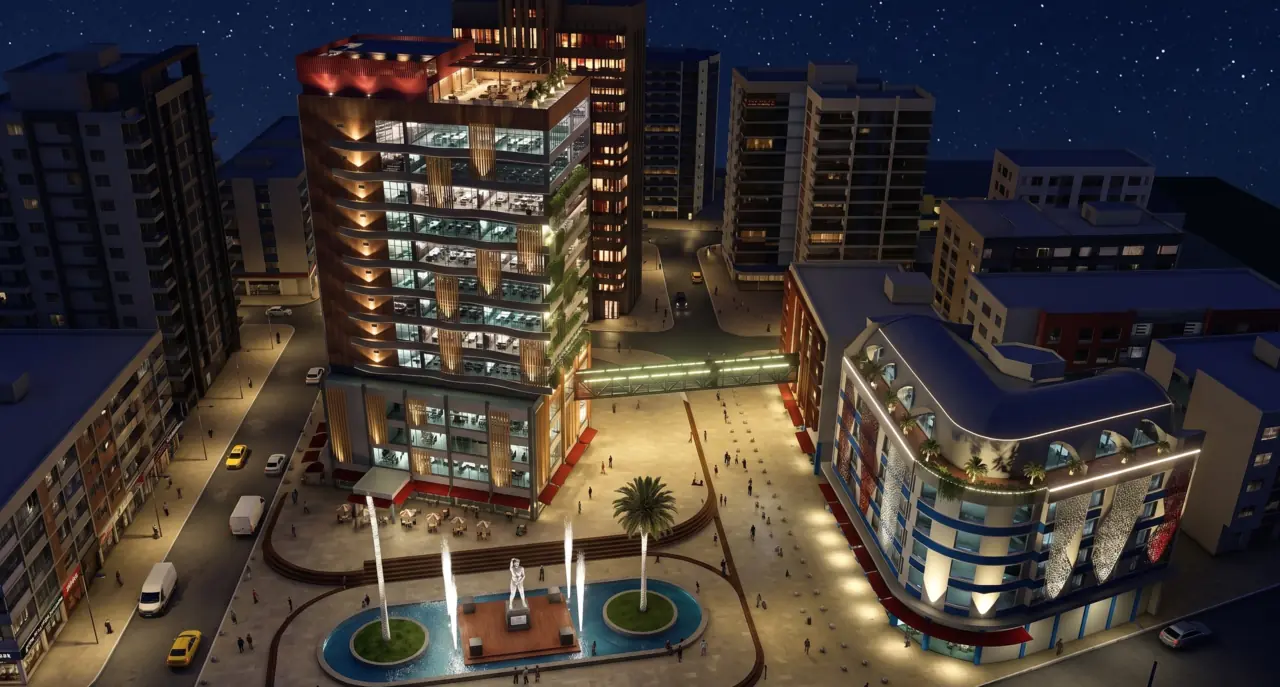 Render noturno de um complexo administrativo urbano: torre de escritórios iluminada e praça cívica com fonte, palmeiras e pedestres.